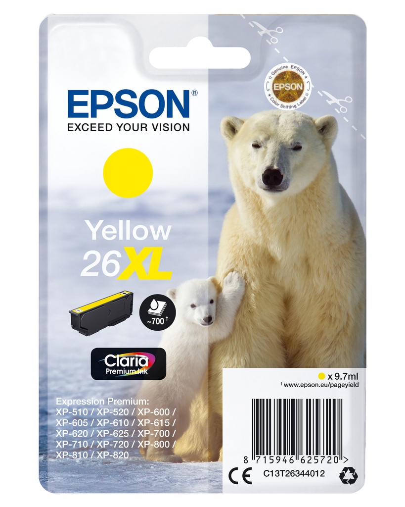 [170015441291] Epson Polar bear Singlepack Yellow 26XL Claria Premium Ink