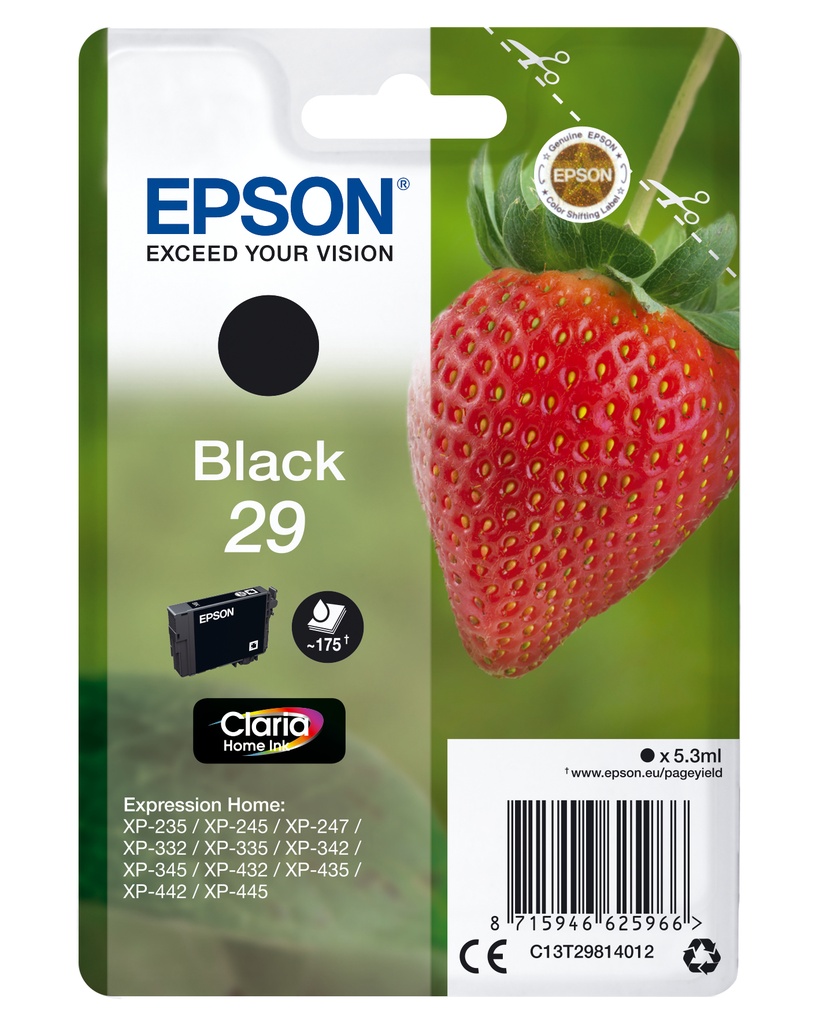 [170015441315] Epson Strawberry Singlepack Black 29 Claria Home Ink