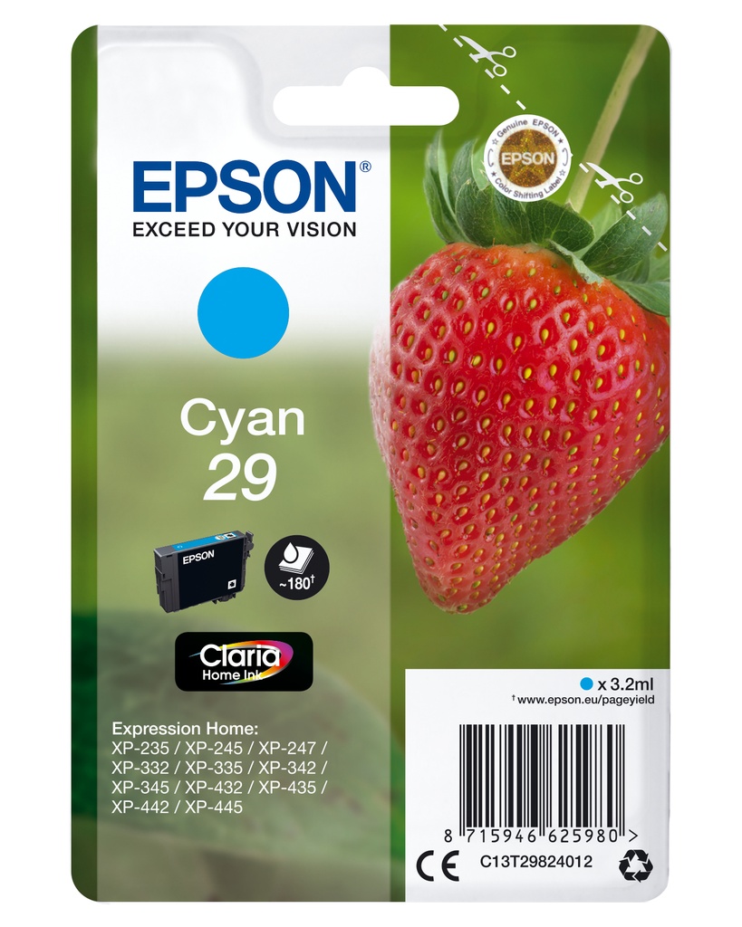 [170015441317] Epson Strawberry Singlepack Cyan 29 Claria Home Ink