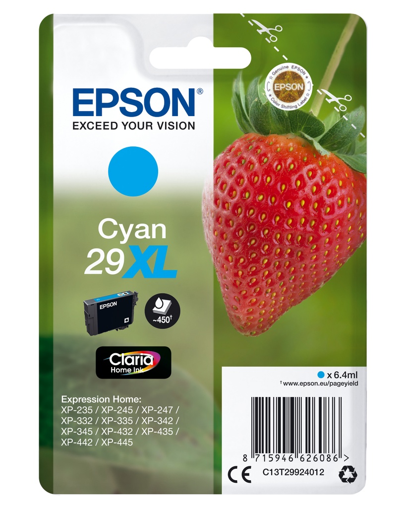 [170015441327] Epson Strawberry Singlepack Cyan 29XL Claria Home Ink