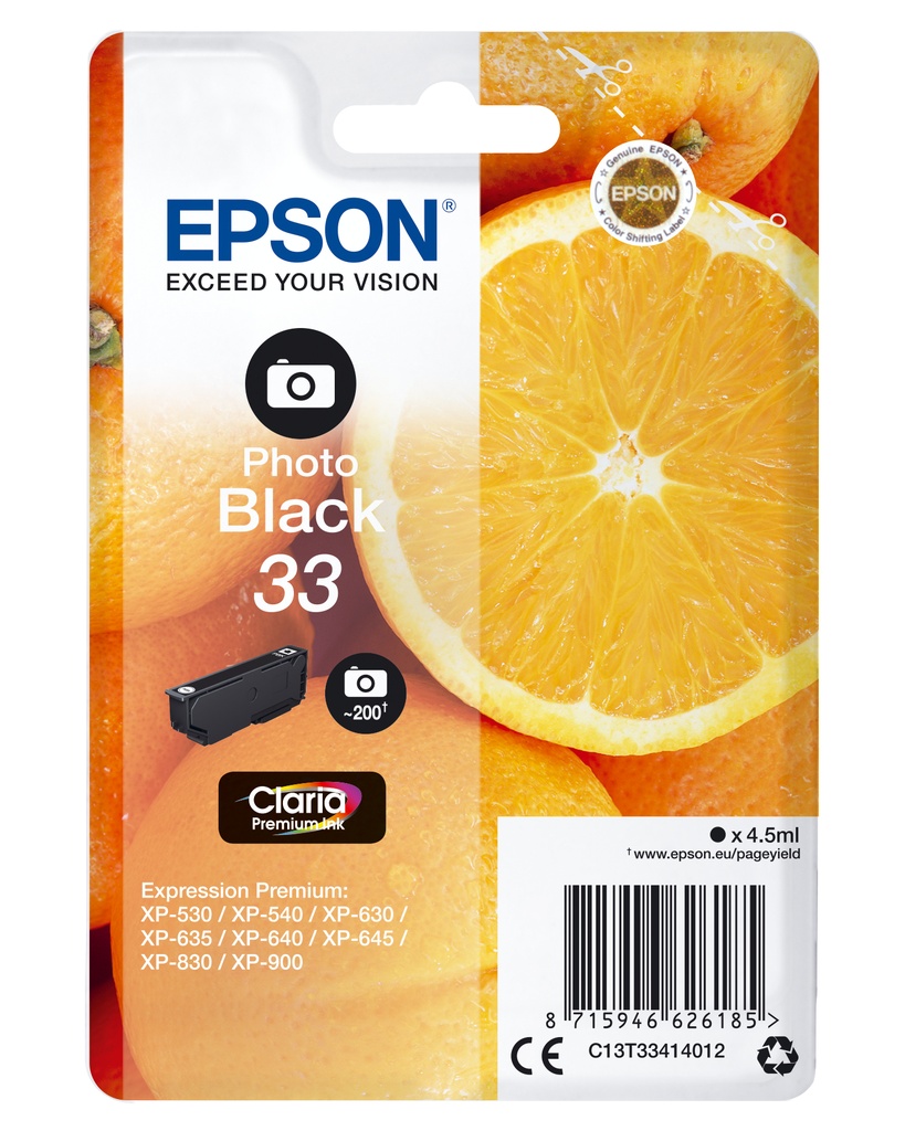 [170015441337] Epson Oranges Singlepack Photo Black 33 Claria Premium Ink
