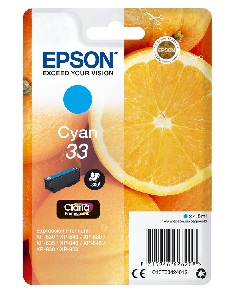 [170015441339] Epson Oranges Singlepack Cyan 33 Claria Premium Ink