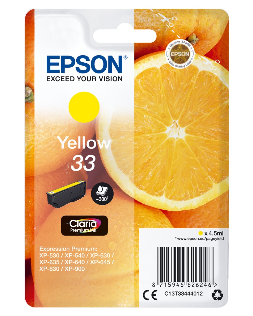 [170015441343] Epson Oranges Singlepack Yellow 33 Claria Premium Ink