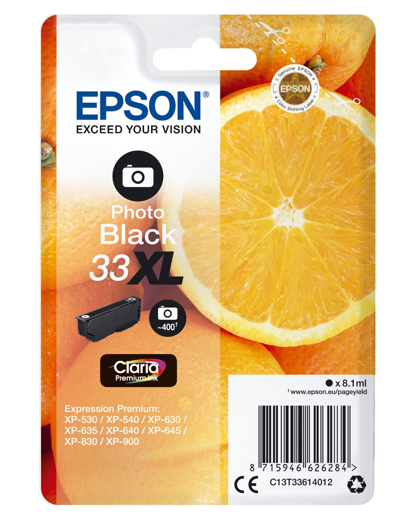 [170015441347] Epson Oranges Singlepack Photo Black 33XL Claria Premium Ink