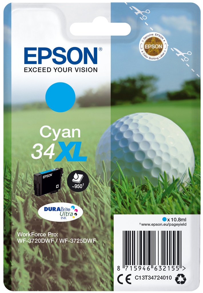 [170015441361] Epson Golf ball Singlepack Cyan 34XL DURABrite Ultra Ink