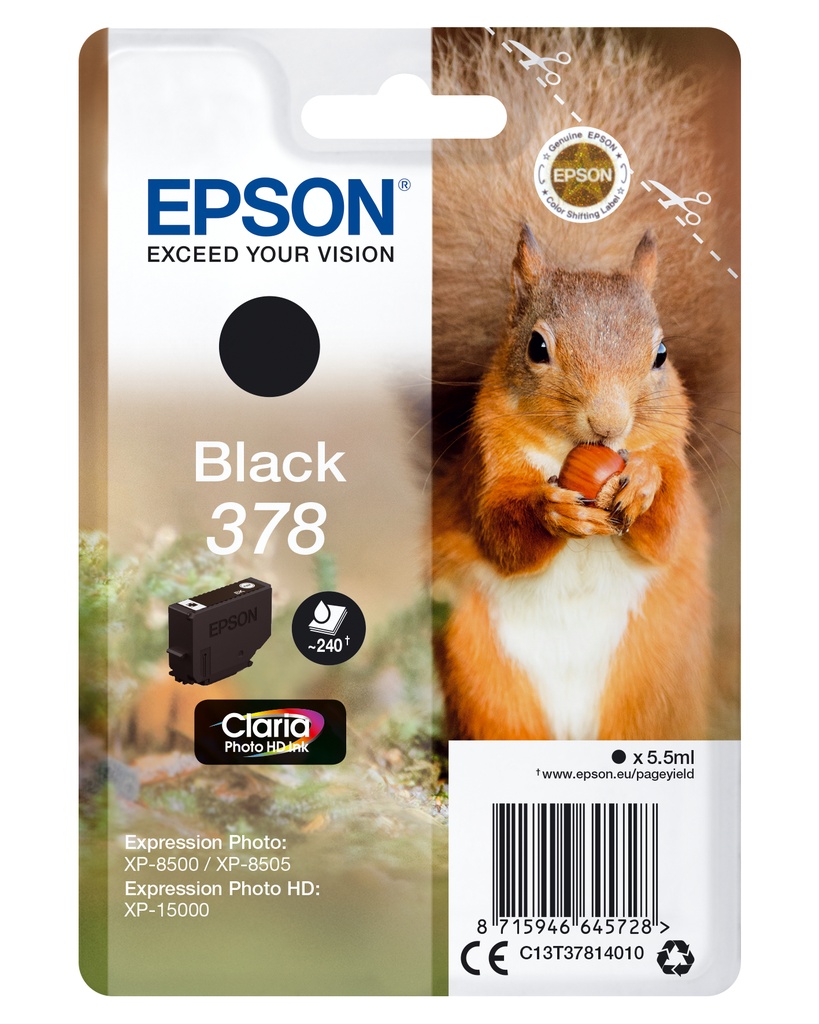 [170015441410] Epson Squirrel Singlepack Black 378 Claria Photo HD Ink