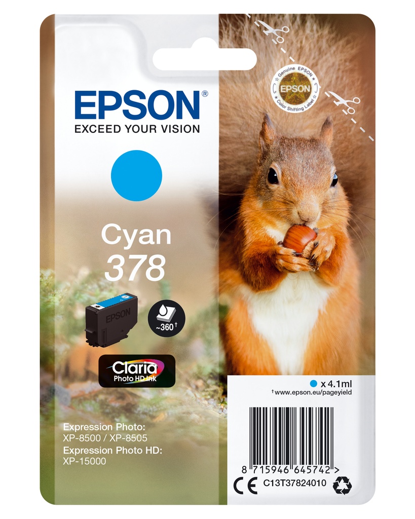 [170015441411] Epson Squirrel Singlepack Cyan 378 Claria Photo HD Ink