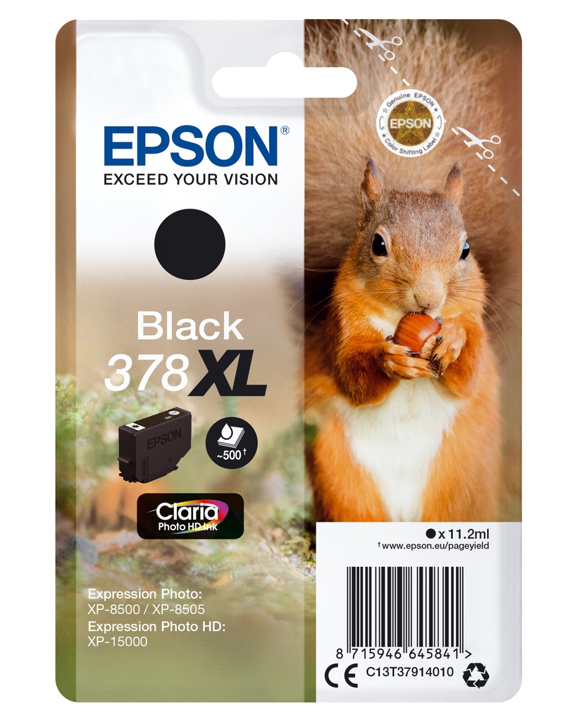 [170015441417] Epson Squirrel Singlepack Black 378XL Claria Photo HD Ink