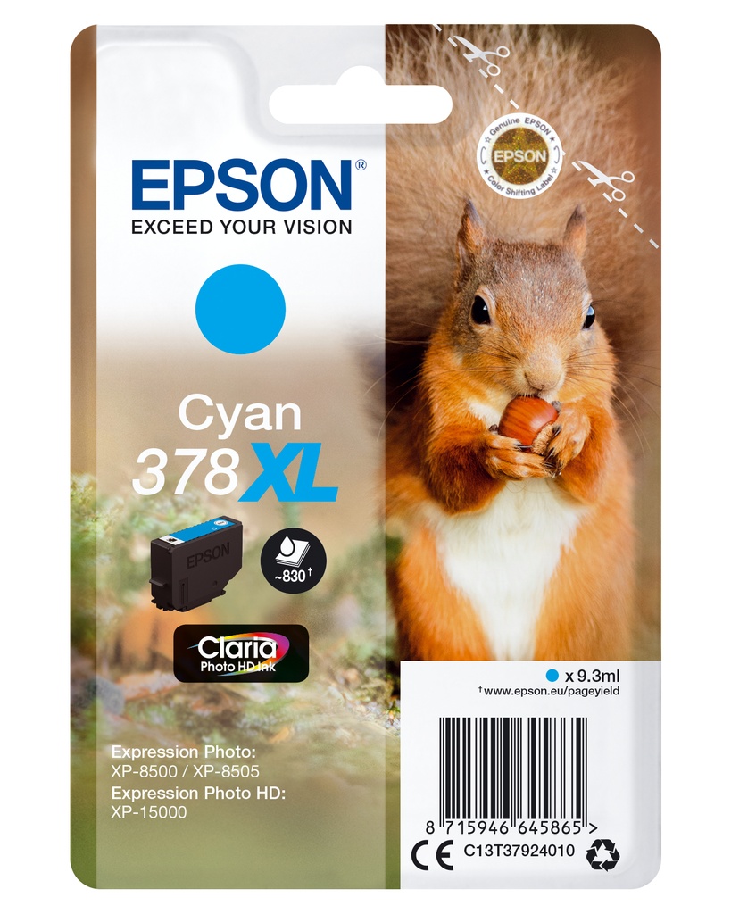 [170015441418] Epson Squirrel Singlepack Cyan 378XL Claria Photo HD Ink