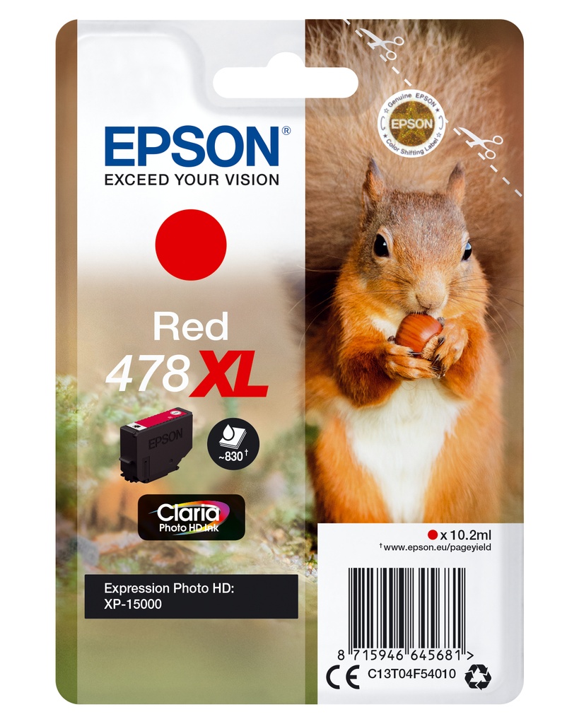 [170015441452] Epson Squirrel Singlepack Red 478XL Claria Photo HD Ink