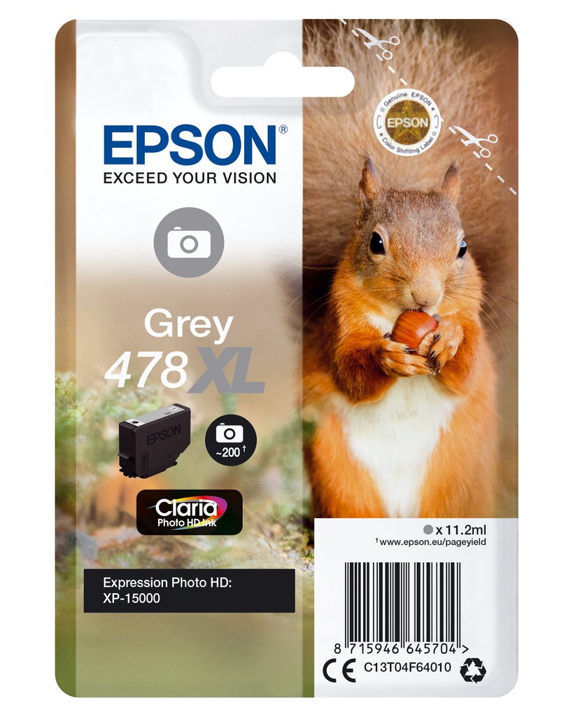 [170015441453] Epson Squirrel Singlepack Grey 478XL Claria Photo HD Ink