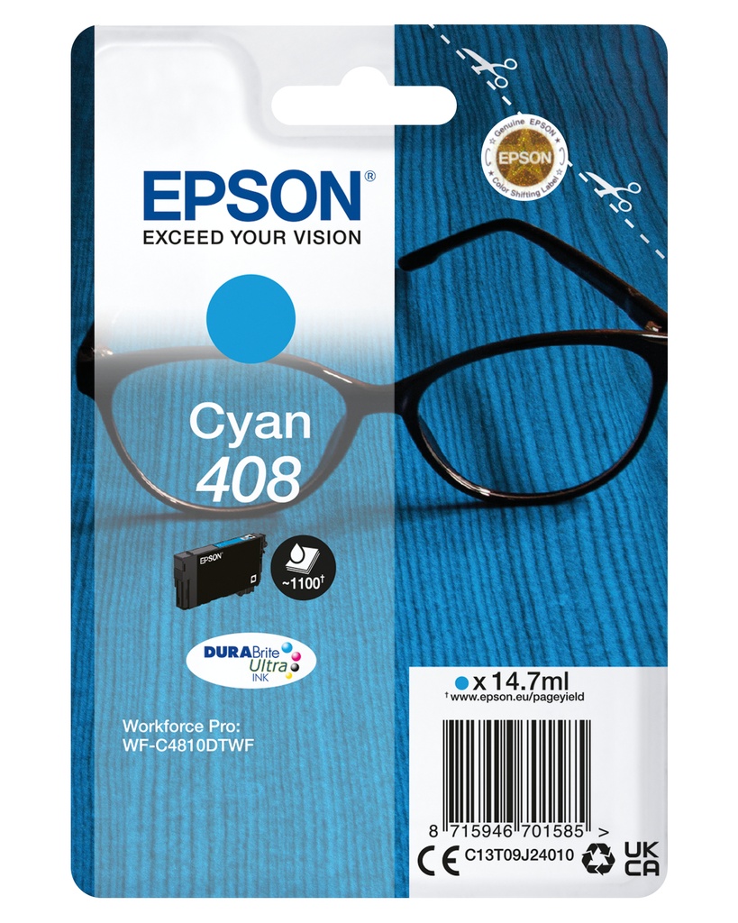 [170015441710] Epson Singlepack Cyan 408 DURABrite Ultra Ink