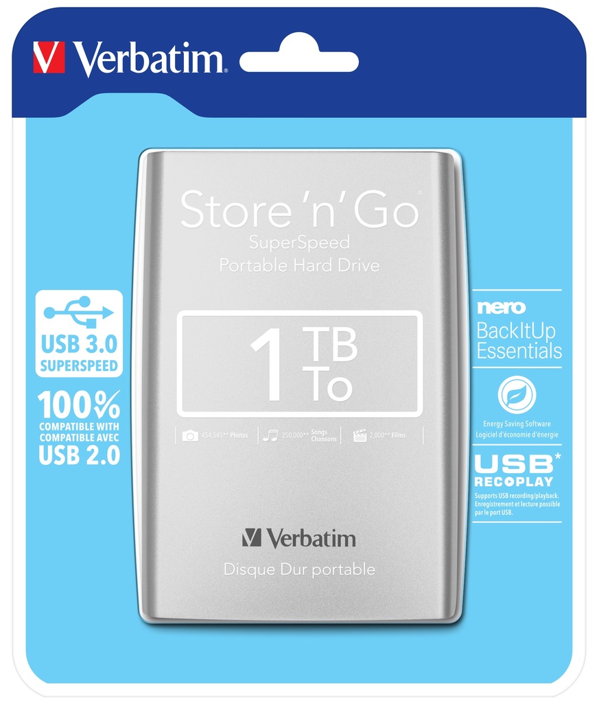 [215076440038] Verbatim Draagbare vaste Store 'n' Go-schijf met USB 3.0 van 1 TB Zilver