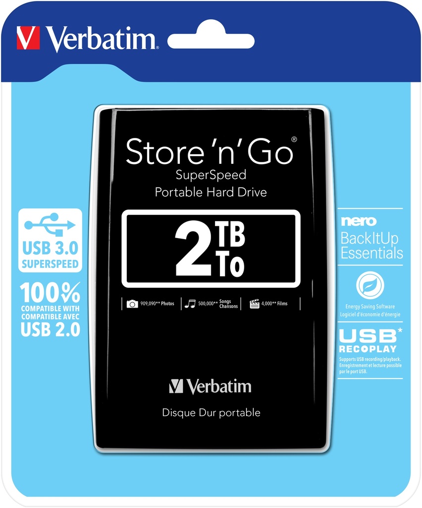 Verbatim Draagbare vaste Store 'n' Go-schijf met USB 3.0 van 2 TB Black