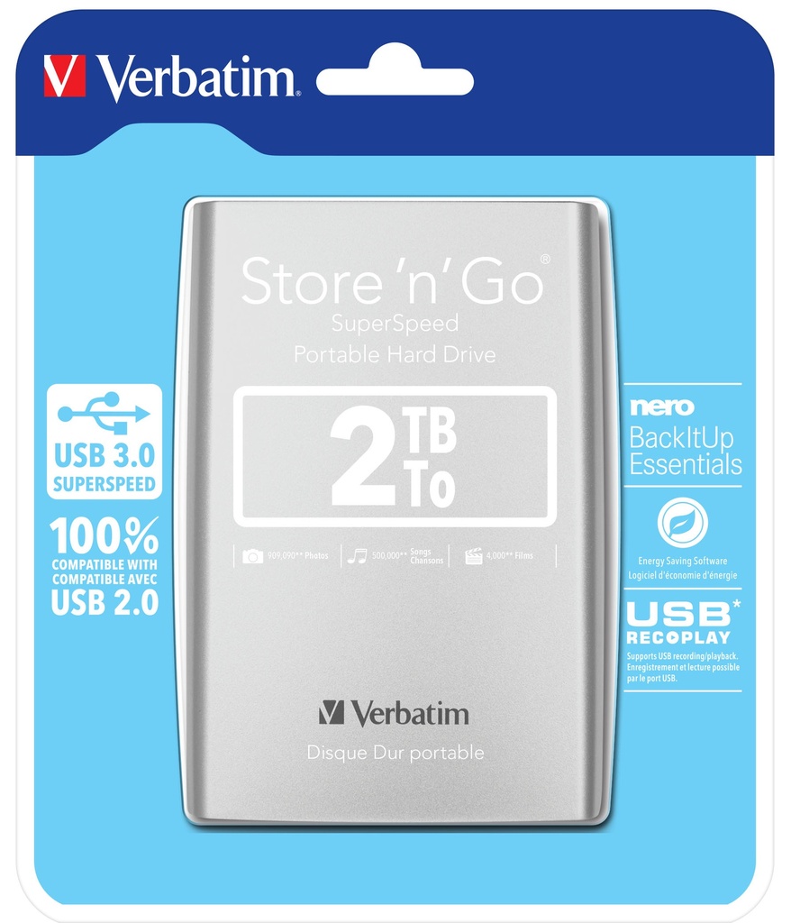 [215076440040] Verbatim Draagbare vaste Store 'n' Go-schijf met USB 3.0 van 2 TB Zilver